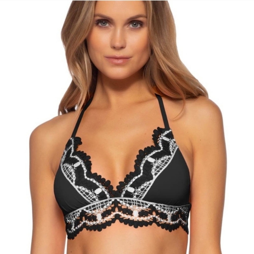 Becca Avery Crochet Banded Halter Bikini Top Sz L